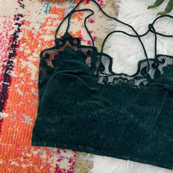 Free People One Forest Green Velvet Lace Sexy Bralette Medium Festival Crop - Picture 4 of 5
